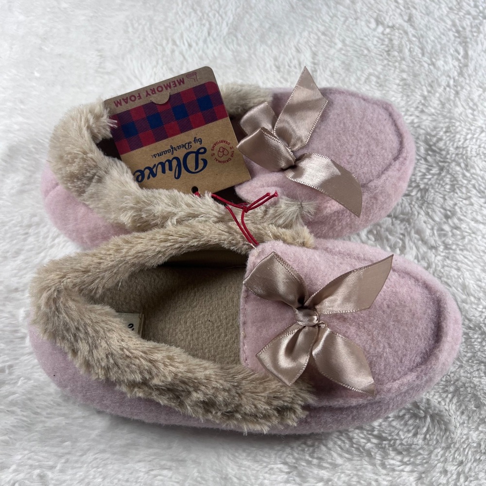 Dearfoams Deluxe Memory Foam Slippers Pink Fuzzy Bow Plush Cozy‎ Kids NWT